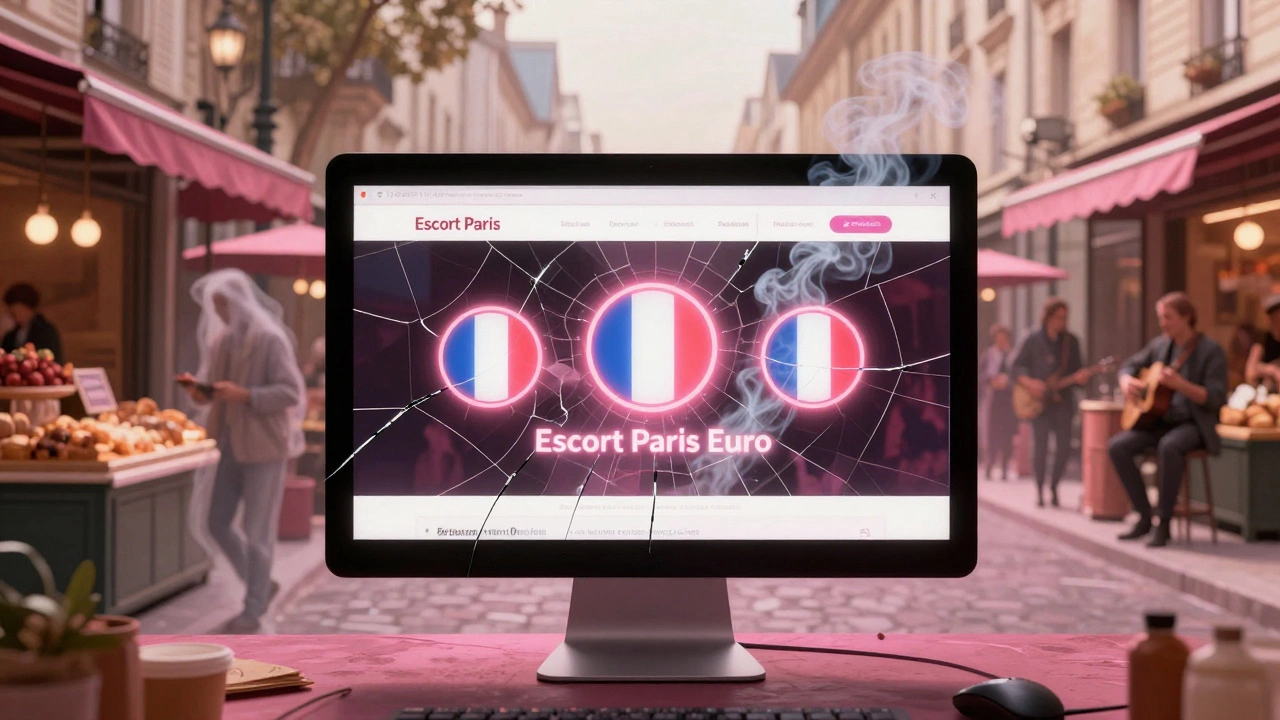 A cracked website screen with &#039;Escort Paris Euro&#039; fading into smoke, replaced by images of real French culture.