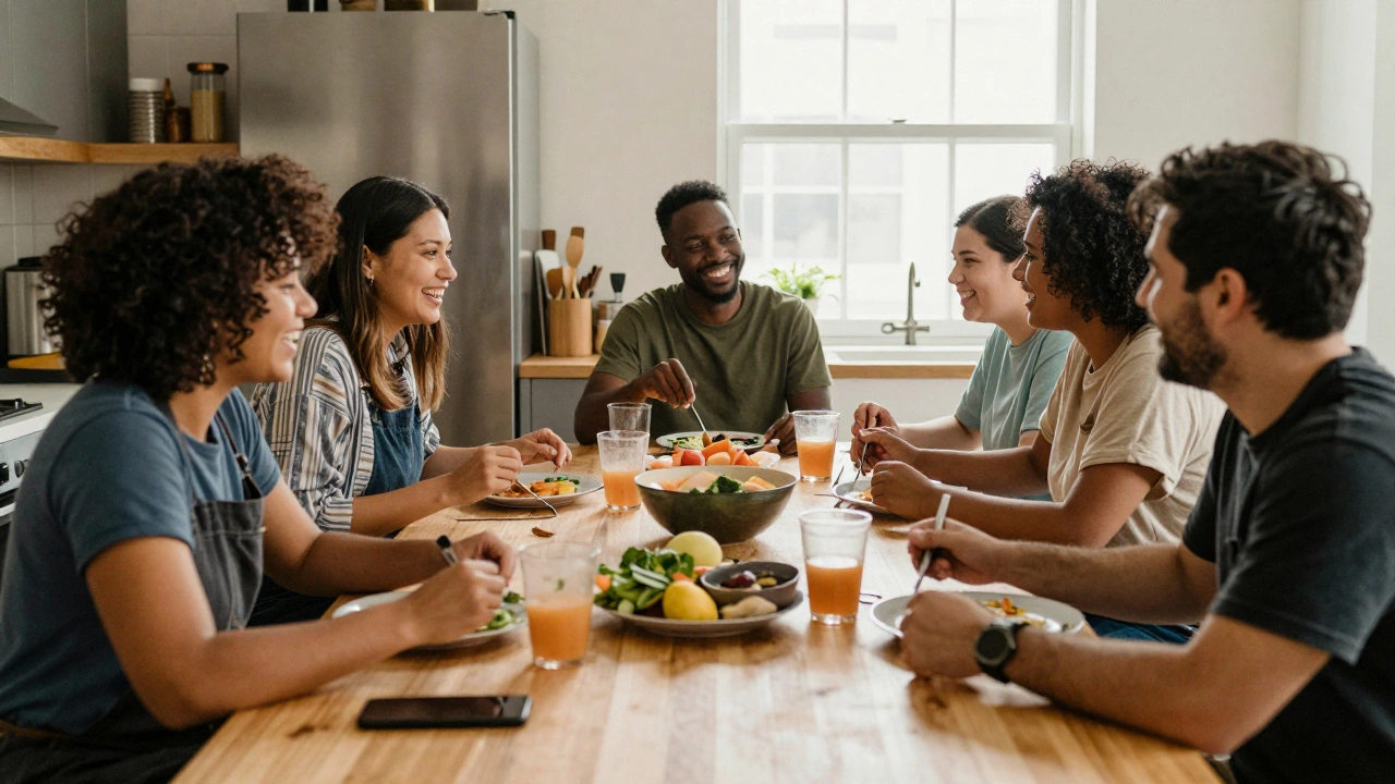 A diverse group shares a meal in a warm kitchen, phones down, laughter in the air—community beyond work, natural daylight streaming through windows.