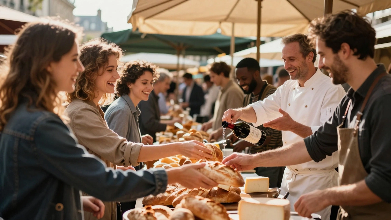 Travelers and locals share food and laughter at a vibrant Parisian market, sunlight streaming through umbrellas.