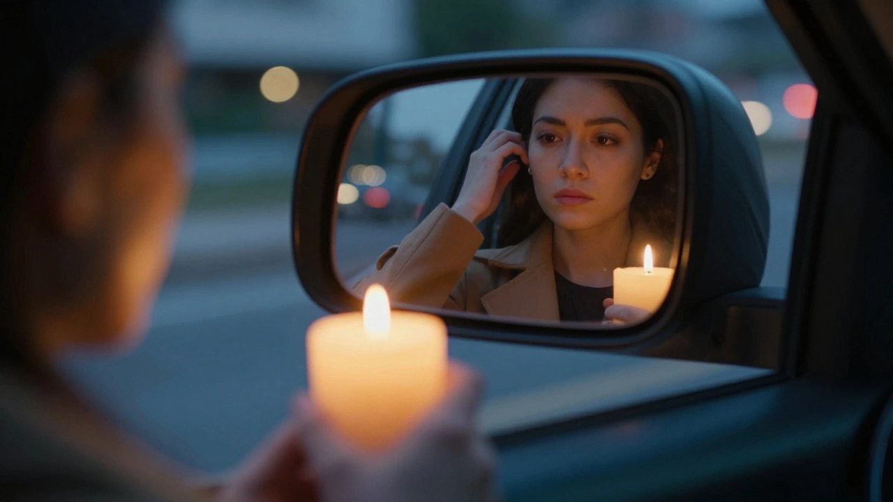 Two hands: one lighting a candle, the other adjusting a coat in a car mirror, city lights blurred outside, conveying a personal ritual of transition.